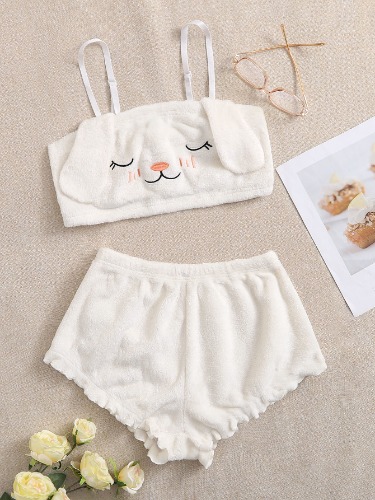 Conjunto de Pijama Flanelado com Remendo Bordado 3D de Coelho / Conjunto de Pijama Branco