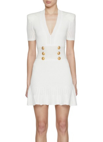 BALMAIN | V-Neck Pleated Knit Mini Dress