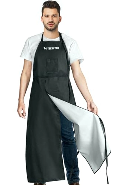Potterhyme Full Coverage Waterproof Pottery Apron Split Leg - 100% Polyester Apron For Men & Women - For Ceramic Wheel Throwing, Woodturning, Painting, Leather Carving, and Clay or Tattoo Artists, Black, S/M/L