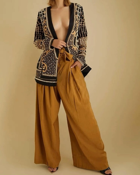 Women's Pearl Beaded Embellished Long Sleeve Blazer | Luxury Glam Outerwear | Rocker Bomber Grunge Jacket | Party Festive Runway Coat