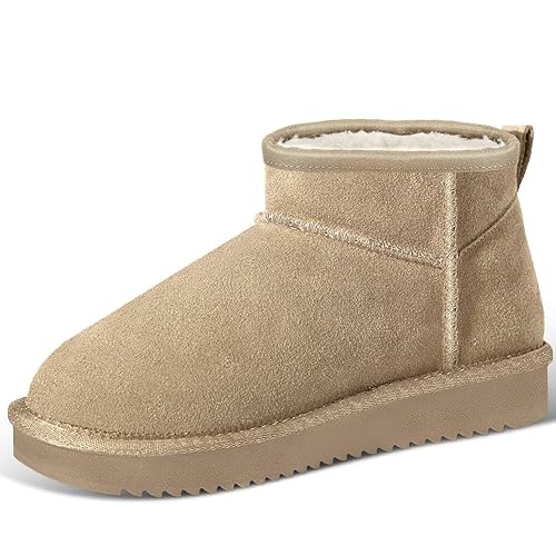 PURPDRIM Mini Snow Boots for Women Anti-Slip Womens Boots Fur Fleece Lined Ankle Boot Winter Suede Snow Boots Indoor & Outdoor - 8 Women/6.5 Men - Beige