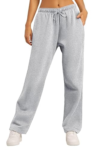 AUTOMET Women's Wide Leg Sweatpants Fleece Lined Baggy Straight Leg Lounge Pants Fall Outfits Athletic Joggers with Pockets - Grey - Large