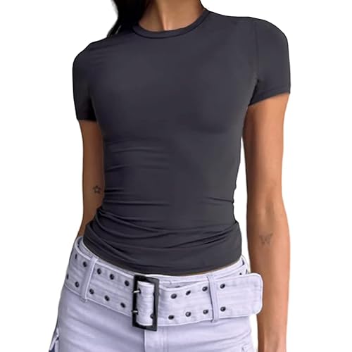 Abardsion Women's Casual Basic Going Out Crop Tops Slim Fit Short Sleeve Crew Neck Tight T Shirts - Deep Grey - Large