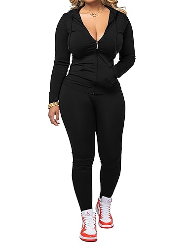PINSV Women Two Piece Outfits Workout Sets Bodycon Tracksuit Long Sleeve Zip Up Hoodie Jacket Jogger Matching Sweat Pants Set - X-Large - Black