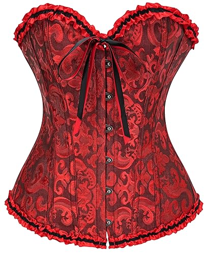 SZIVYSHI Corset Tops for Women, Bustier Shapewear Lingerie, Lace Waist Push Up Bodysuit - XX-Large - Black & Red