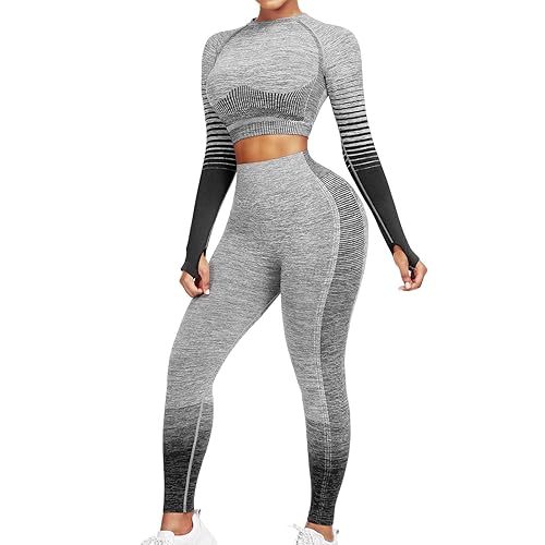 JOYMODE Workout Sets for Women 2 Piece High Waist Seamless Leggings and Crop Top Yoga Outfit - XX-Large - Long Sleeve Black