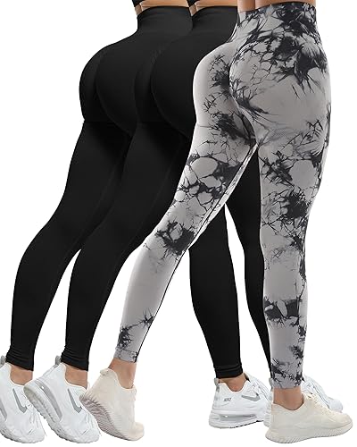 CHRLEISURE 3 Piece Workout Leggings Sets for Women, Gym Scrunch Butt Butt Lifting Seamless Leggings - X-Large - 3 Packs - Black/Black/Tie Dye Black