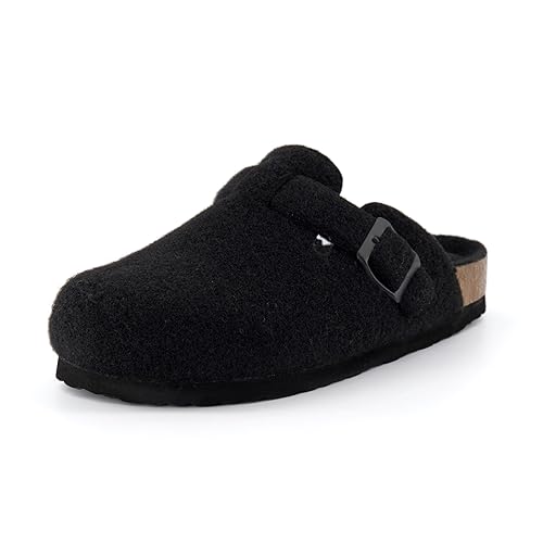CUSHIONAIRE Hana Slip-On Buckle Clog with Cork Footbed +Memory Foam, Wide Widths Available - 10 - Black Wool