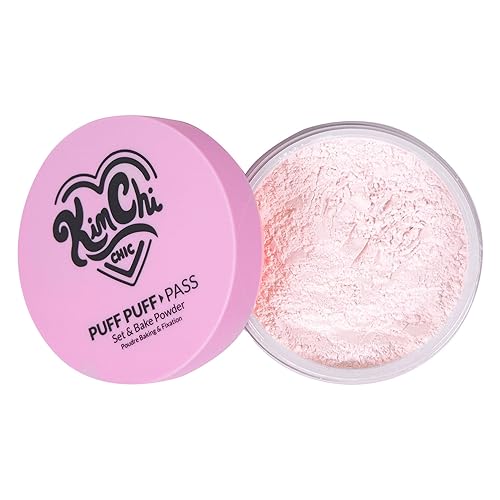 KimChi Chic Beauty Puff Puff Pass Set and Bake Powder, Loose Face Powder with Extra Fluffy Setting Powder Puff, Translucent Face Makeup for Uneven Skin Tone, 09 Pink - Pink