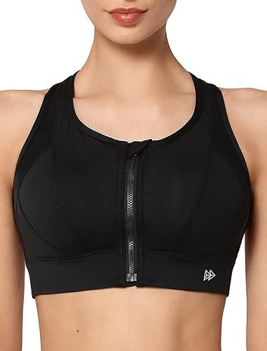 Yvette High Impact Zip Front Sports Bra Mesh Racerback Workout High Support Sports Bras for Women Large Breasts - X-Large Plus - Black