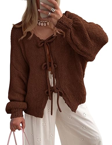 PRETTYGARDEN Women's Tie Front Bow Cardigan Sweaters Chunky Knit Long Puff Sleeve Trendy Fall Winter Jacket Coats - Caramel - Medium