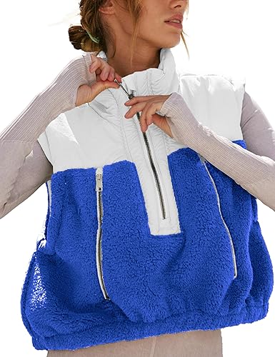 Creerer Fleece Vests for Women Half Zip Up Sleeveless Quilted Jacket Crop Puffer Vest Lightweight Padded Coat Outwear - Dark Blue - Medium