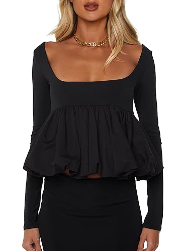 CSDAJIO Women's Bubble Hem Long Sleeve Babydoll Top Scoop Neck Ruffle Peplum Shirt Blouse Cute Going Out Shirts - Medium - Black
