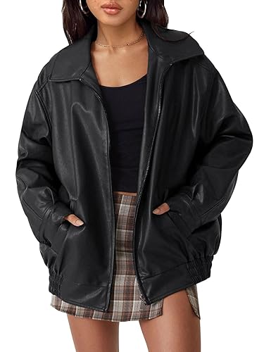 AUTOMET Womens Oversized Leather Jackets Faux Suede Fall Fashion Motorcycle Coats Winter Outfits Clothes 2024 - Medium - Black