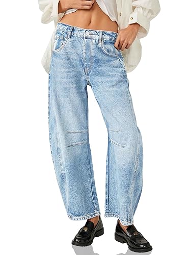 PLNOTME Women's Baggy Boyfriend Jeans Vintage Wide Leg Mid Rise Barrel Denim Ankle Pants - 8 - Light Blue