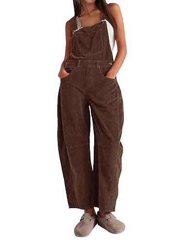 AMEBELLE Corduroy Overalls for Women Barrel Wide Leg Bib Corduroy Pants Women Adjustable Romper Jumpsuit with Pockets - Brown - Large