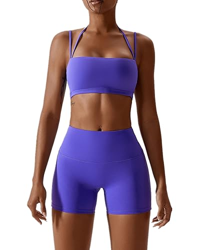 ABOCIW Workout Sets for Women 2 Piece Twist Front Halter Sports Bras High Waist Booty Shorts Exercise Gym Yoga Outfit - Z-purple - Medium