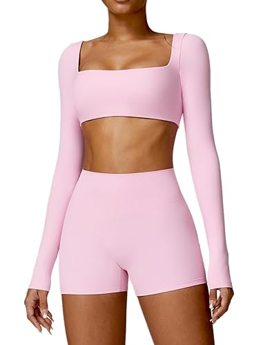 ABOCIW Long Sleeve Crop Tops for Women Square Neck Workout Crop T Shirt Low Impact Yoga Gym Tee with Bra(ONLY TOP) - Pink - Medium