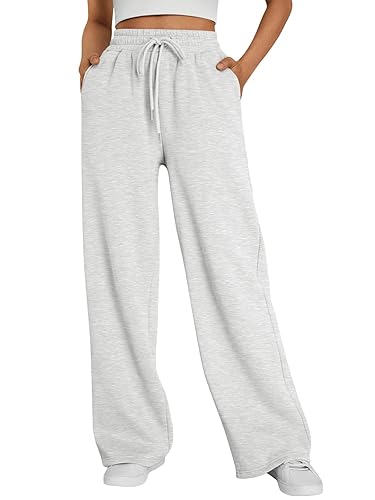 Trendy Queen Womens Wide Leg Sweatpants High Waisted Baggy Lounge Pants Drawstring Athletic Flared Joggers with Pockets - Grey - Medium