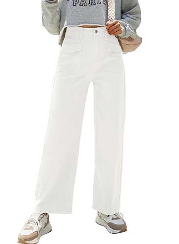 Dokotoo Womens Cargo Pants Women Baggy Wide Leg High Waist Casual Pants Jean Stretch Pants - 8 - White