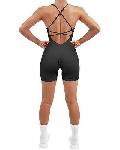 SUUKSESS Women Strappy Romper Seamless Jumpsuit Tummy Control Padded Sports Bra - Medium - 11 Black