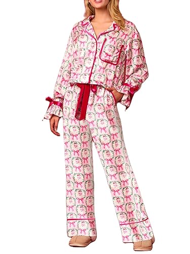Fenghualzzniya Women Satin Pajama Set Floral Silk Pajamas 2 Piece Lounge Sets Button Down Shirts Wide Leg Pants Pjs Sleepwear - Medium - Cute Christmas Pink
