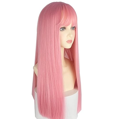 URCGTSA 22 Inches long Hair Wig for Women Pink Synthetic Hair Natural Long Straight Wig With Bangs Party Cosplay Wig for Girl (Light Pink) - Light Pink