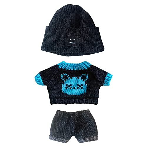 niannyyhouse 20cm Plush Doll Clothes Hat Kitten Sweater Flanging Jeans Kpop Doll Clothing (Black+Blue) - Black+Blue