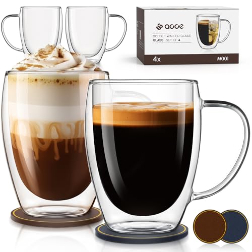 AOOE Double Wall Glass Goffee Mugs 12.5oz，Clear Glass Coffee Mugs Set of 4， Insulated Glass Coffee Mug，with coaster, Perfect for Espresso, Latte, Cappuccino, Americano, Tea Bag, Beverage