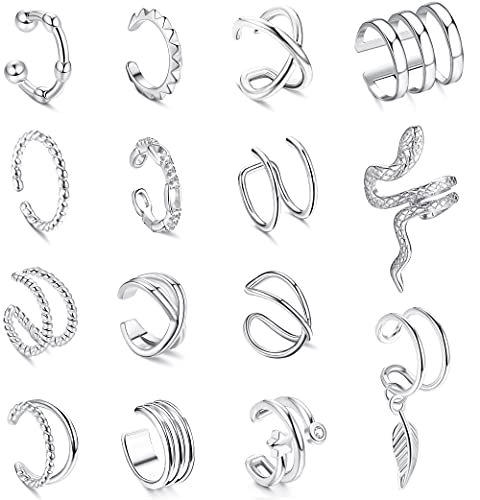 CASSIECA Women's Adjustable Non-Piercing Ear Cuffs Earrings Clip On Cartilage Helix Wrap Ear Jewelry Set - Silver