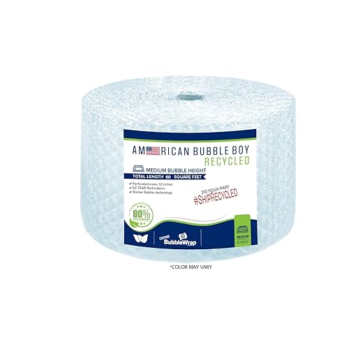 Large roll of 90 Feet of Recycled Medium Bubble wrap for packing, moving and shipping for your business essentials. Eco friendly and made from 90% post-consumer materials by American Bubble Boy - Medium Bubbles (5/16")