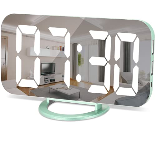 Digital Clock Large Display,Alarm Clocks Mirror Surface,with 2 USB Charger Ports,Auto Diming, Snooze, Small Desk Electric Clock for Bedroom Office Living Room Decor - Green - Green