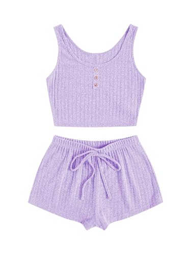 SOLY HUX Women's Button Front Ribbed Knit Tank Top and Shorts Pajama Set Sleepwear Lounge Sets - Small - Plain Lilac Purple
