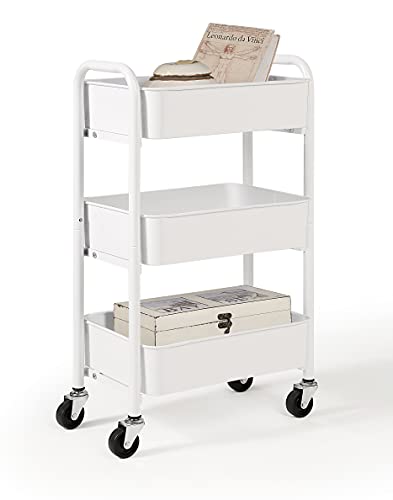SunnyPoint 3-Tier Delicate Compact Rolling Metal Storage Organizer - Mobile Utility Cart Kitchen/Under Desk Cart with Caster Wheels (WHT, Compact (15.5" X 26.8" X 10.27")) - Wht - Compact (15.5" X 26.8" X 10.27")
