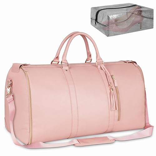 Ytonet Carry On Garment Bag, Large PU Leather Garment Duffle Bag for Women, Waterproof Convertible Garment Bags for Travel with Shoe Pouch, 2 in 1 Hanging Suitcase Dress Suit Travel Bags, Pink - Pink - Tote
