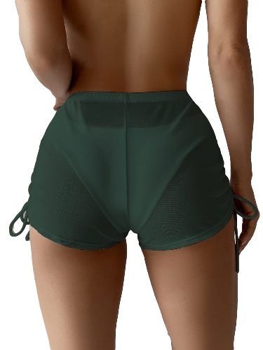 Falainetee Women's Drawstring Side Mesh Sheer Beach Summer Cover Up Shorts Bikini Bottoms - Small - Green