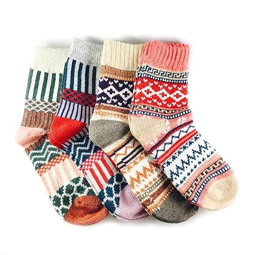 JOYCA & CO. 3-5 Pairs Womens Multicolor Fashion Warm Wool Cotton Thick Winter Crew Socks - One Size - 4 Pairs Mix 1