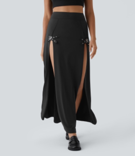 High Waisted Decorative Buckle Split Skirt