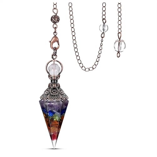Jovivi Healing Crystal Pendulums for Dowsing Divination 6 Facted Hexagonal Pointed Cone Resin Chip Stones Reiki Wicca Spritual Gemstone Chakra Energy Pendant with Chain - Bronze - 7 Chakra