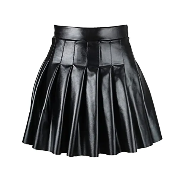 Sanahy Women's High Waist PU Leather Pleated Solid Short Mini Skater Skirt A-line Flared Casual Stretchy Short Skirt Tennis Skirt