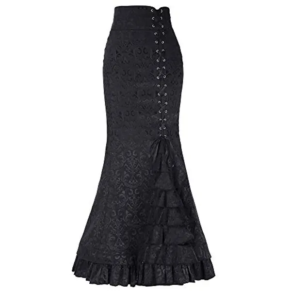 Sanahy Women Gothic Ruffled Steampunk Vintage Fishtail Mermaid Skirt Victorian High Waist Retro Maxi Skirt Side Lace up Ruffle Skirt