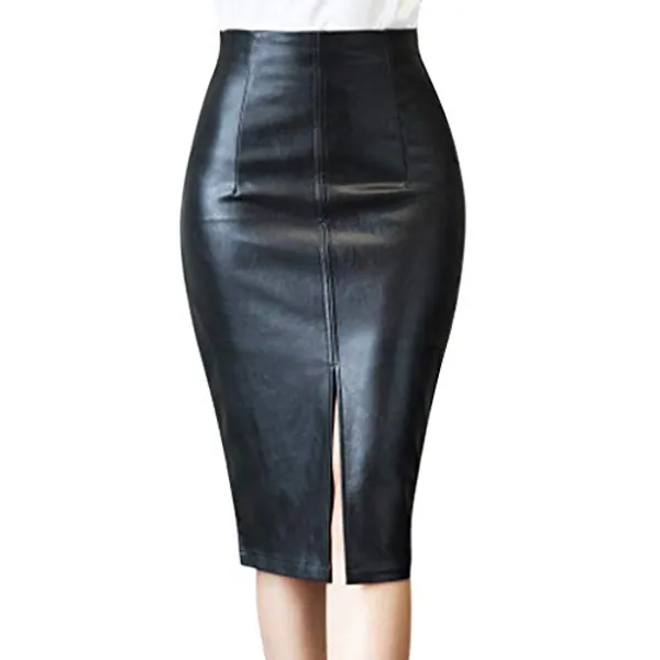 Sanahy Women's Faux Leather Skirt High Waisted Stretch Split Lady's Half Body Midi Hip Skirt Bodycon Skirt Slim Fit Pencil Skirt