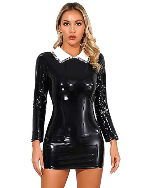 CHICTRY Womens Latex Mini Dress Lace Long Sleeve Plunging Sexy Ruched Bodycon Party Club Dresses