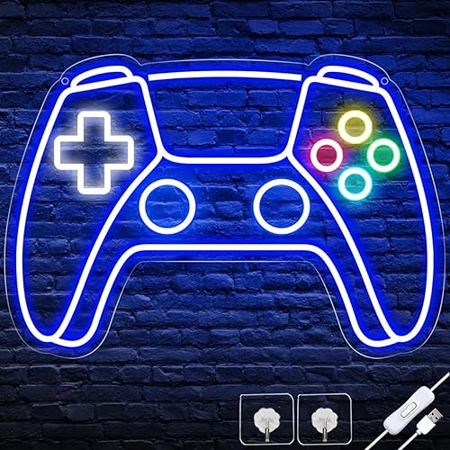Ethlomoer Game Neon Sign, Gamepad Shaped Gaming Neon Light Sign, USB Powered Led Sign, Gamer Gifts, Neon Signs for Wall Decor, Kids Game Room, Boys Bedroom, Wall Art Decoration - Blue-Game