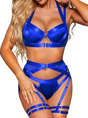 Kaei&Shi Strappy Harness, All Adjustable, Underwire Racerback, 4pc Garter Set - Royal Blue - 16