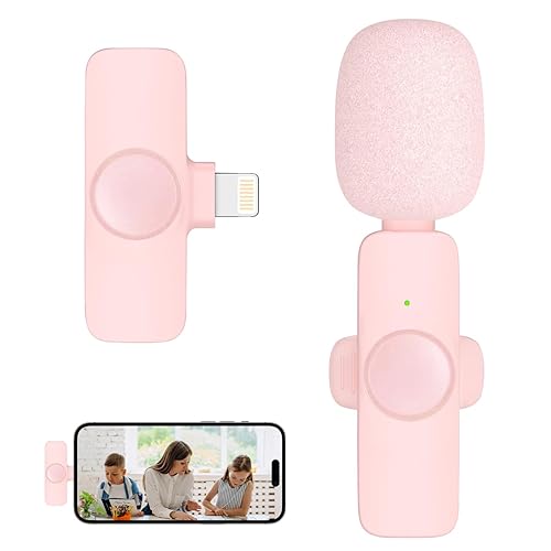 Professional Wireless Lavalier Microphone for iPhone iPad, Cordless Omnidirectional Clip Mic, Plug-Play Microphone for Interview Video Podcast Vlog YouTube - Lightning-1 Mic - Pink