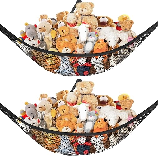 Lazebox Stuffed Animal Net Hammock for Plushie Toys, Stuffed Animal Hammock Corner for Kids' Room Decor, Ideas for Organizing Stuffy Collection, 2 Pack, Black - L (67" x 40" x 40") - 2 Packs-black