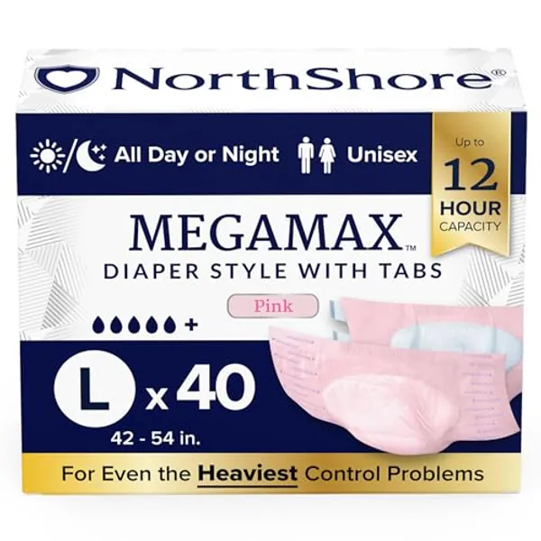 NorthShore MegaMax Adult Overnight Diapers, 12-Hour Tab-Style, Large, 40 Count Case, Pink, 42-54 inches, Unisex Incontinence Underwear