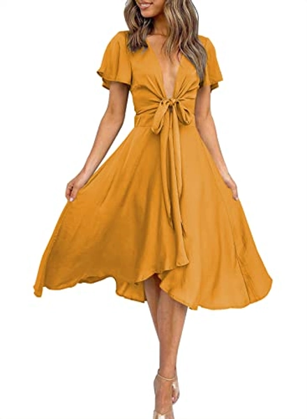 miduo Womens Satin V Neck Ruffle Short Sleeve Tie Front High Waist Midi A-Line Maxi Dresses