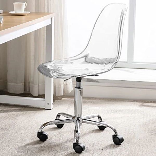 HOMEFUN Clear Desk Chair, Acrylic Rolling Chair Armless Vanity Swivel Chair Height Adjustable Ghost Chair Molded Plastic Home Office Chair with Wheels, Clear